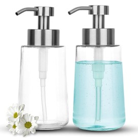 Doiliese Soap Dispenser, Glass Hand Soap Dispenser with Rust Proof Pump, 16oz Liquid Soap Container with Waterproof Labels, Dish & Hand Soap Pump for Bathroom, Kitchen, Brushed Nickel, Pack of 2