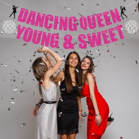 Dancing Queen Young & Sweet Banner, Mamma Mia Bachelorette Party Decorations, Disco Ball Banner For Youngth Girl Birthday Party Decorations