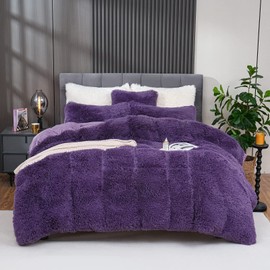 Fluffy Plush Purple Duvet Cover Set Queen Size, Luxury Ultra Soft Velvet Fuzzy Comforter Cover Bed Sets 4 Pcs(1 Faux Fur Duvet Cover + 2 Pillow Cases + 1 Pillow Cover) Zipper Closure (Queen, Purple)