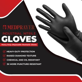 MEDPRAYER Industrial Nitrile Gloves – Heavy Duty Disposable Mechanic Gloves with Diamond Texture, Latex & Powder Free, 8 Mil Black 1000 pcs L