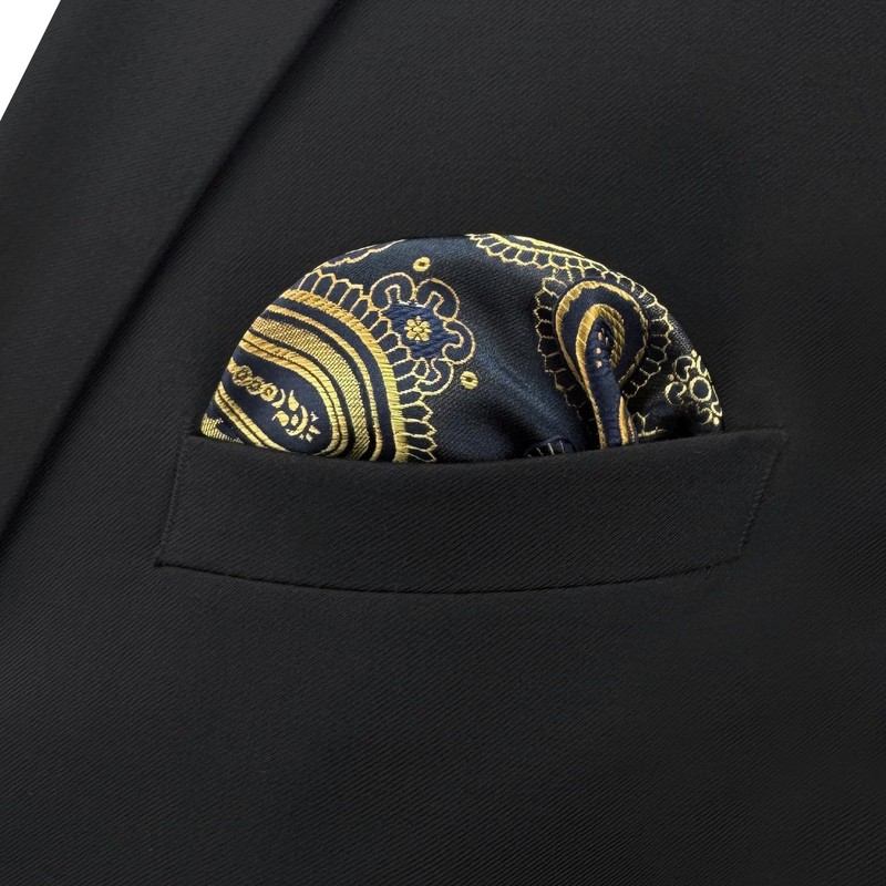 SHLAX&WING Paisley Black Golden Pocket Square Men's Necktie Silk MH10