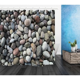 LB Stones Shower Curtain River Bed Gravel Rock Cobblestone Natural Shower Curtain Sets for Bathroom Decor, 72W x 72H Waterproof Polyester Fabric Shower Curtain with Hooks