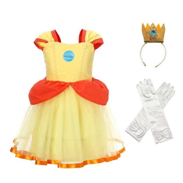 Dressy Daisy Brothers Princess Costume, Tulle Dress, Little Girls, Halloween, Birthday Party, Luxurious Outfit with Crown and Gloves, Size 5-6 Years, Yellow