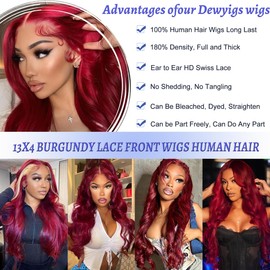 Dewyigs 99j Burgundy Lace Front Wigs Human Hair 30 Inch 13x4 Body Wave Lace Front Wigs Human Hair Pre Plucked 180 Density HD Transparent Red Colored Wigs Human Hair for Women with Baby Hair