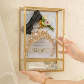 Shadow Box Frame, 3.5" Deep Wedding Shadow Boxes Display Case with Drawer, Glass Gold Shadow Memory Box for Picture, Wedding Bouquet, Pet Memorial and Keepsakes
