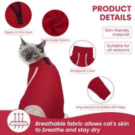 Katzinst Cat Onesie, Sticky Hair Cat Clothes, Cats Jumpers with Long Sleeves,Back Zipper, Soft and Elastic Cats Onesie with Four Legs, Hair Sticking (Burgundy, 2XL)