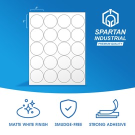 Spartan Industrial Printable Circle Laser Label - 2" Round - White, 500 Sheets, 10000 Total Labels | Multipurpose Label Ideal for Product Labeling, Customer Stickers for Logos | Inkjet/Laser Printer