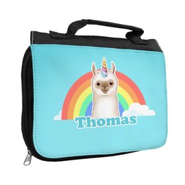 Kulturbeutel mit Namen Thomas und Llama-Einhorn-Motiv | Kulturtasche mit Vornamen | Waschtasche für Kinder