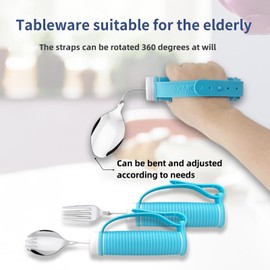 UKYCEORA Dietary Aid Tableware,Weighted Handle with Straps,Relieves Hand Tremors,Suitable for The Elderly,Arthritis Stroke and Parkinson's Patients,(Knife,Fork and Spoon Four-Piece Set),Blue