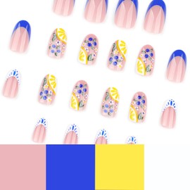 Blue French Tip Press on Nails Short Almond Press on Nails Fake Nails with Lemon Blueberries Designs Summer Glue on Nails Flower Print Acrylic Full Cover False Nails Tip Stick on Nails for Women 24PCS