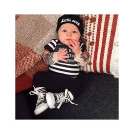Preemie Clothes Boys Summer Outfit Cute Fake Tattoo Sleeve Striped Romper + Cotton Pants + Hat 3PCS Infant Boy Clothing Set