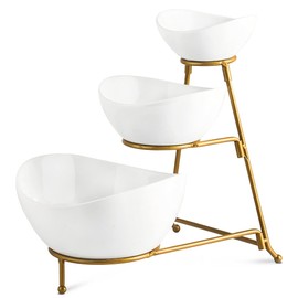 YHOSSEUN 3 Tier Serving Stand Oval Serving Bowl with Metal Rack, Tied Serving Bowls Food Display Dessert Appetizer, Chip and Dip Serving Bowl Set for Parties, Gold-45oz / 17.5oz / 7oz