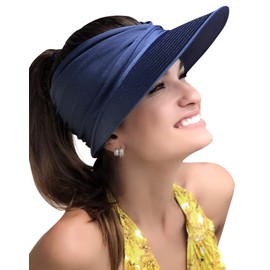Muryobao Womens Sun Visor Hat Wide Brim Summer UPF 50+ UV Protection Beach Sport Cap Navy Blue