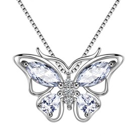 Aurora Tears Butterfly Necklace Earrings Rings Birthstone Jewellery Set Pendant Dating Pendant Gifts for Women and Girls 925 Sterling Silver, Necklace, D.white diamond
