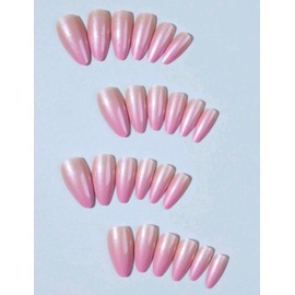 24-Piece Press On Nails Set, Medium Almond French Tips with Silver Glitter and Stars, Pink Nude, Includes Nail Glue and File (Pink Ombre Pearl Chrome Press-On Nails, Almond Shape, 24 Pieces)