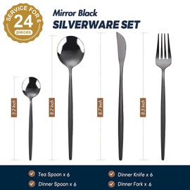 24-Piece Black Silverware Set Black Flatware Set for 6, Stainless Steel Cubiertos Cutlery Set, Forks and Spoons Apartment Utensils Set, Mirror Polished Eating Tableware Set, Dishwasher Safe