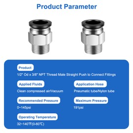CNAODUN 10 Pcs Push-to-Connect Fittings 1/2 Inch Tube OD x 3/8 Inch NPT Thread Pneumatic Male Straight Quick Connect Air line fittings