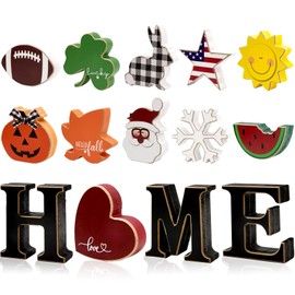 Interchangeable Home Table Signs with 11Pcs Seasonal Icons, Wooden "HOME" Letter Signs Interchangeable Holiday Decorative Table Shelf Centerpiece for Holiday Room Decoration