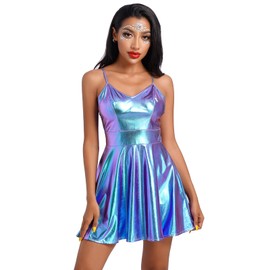 FYMNSI Women's Metallic Mini Dress Strappy Dress Rave Outfits Sleeveless Glitter Wetlook Holographic Party Dress Skater Dress, Laser Blue