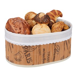 Relaxdays Bamboo Bread Basket, Fabric Liner, French Pattern, Bread & Rolls, Oval Breakfast Basket, Natural/White