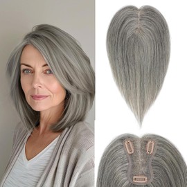Hair Toppers for Women 10 Inch Hairpieces No Bangs Hairline Topper Wiglets Hairpieces for Thinning Hair Swiss Base Mixed Light Grey（Grey）