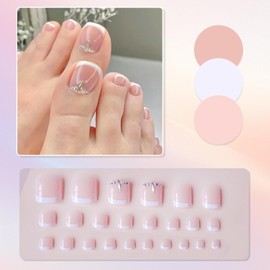 Viugex 24Pcs White French Tip False Toe Nails, Short Square Press on Toe Nails with Rhinestones, Glossy Reusable Artificial Fake Toenails, Summer Acrylic Full Cover Stick on Toenails for Women Girls