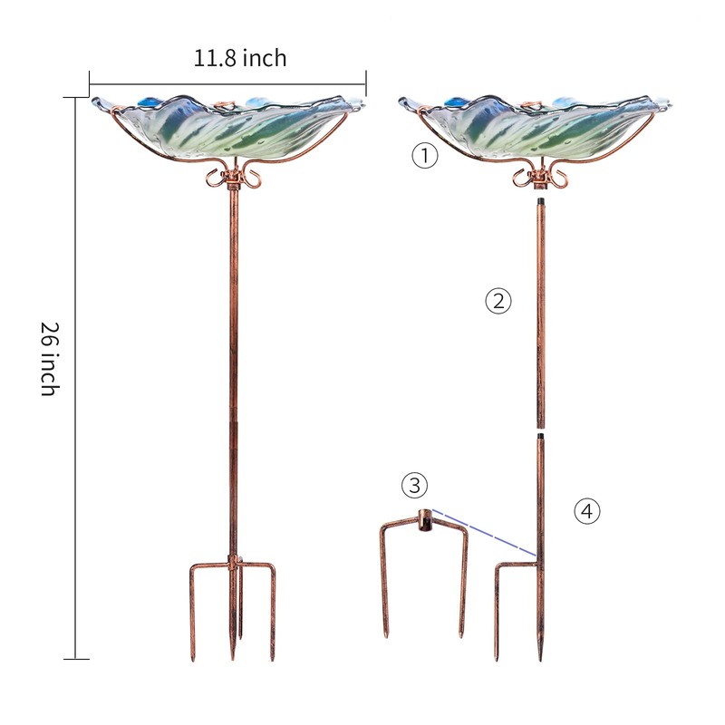 Glass Bird Bath Outdoor Birdbaths Garden Birdfeeder with Metal Stake