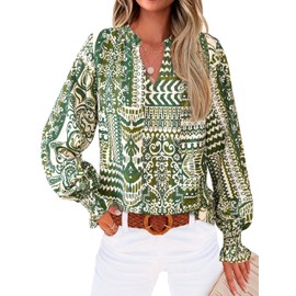 MASCOMODA Womens V Neck Floral Long Sleeve Tops 2025 Summer Casual Loose Puff Sleeve Chiffon Boho Work Blouse Dressy T Shirts(Floral Grass Green,X-Large)