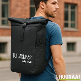Huuraa Bulgaria My Love Messenger Backpack Gift 30-44 Litres Black Melange Roll-Top Fairtrade Bulgaria Gift Idea