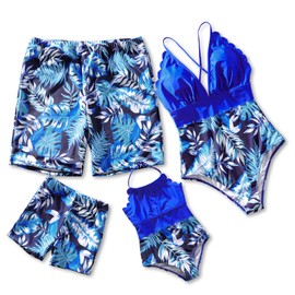 PATPAT - Traje de baño a juego con estampado de hojas de una pieza con cuello en V y estampado de hojas, Azul, 4-5T