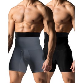 Shyyween 2 Pcs Men Girdle Tummy Control Shorts Compression Underwear High Waist Trainer Shapewear Body Shaper Boxer Briefs Black, Grey