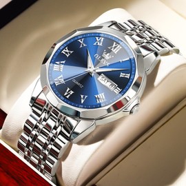 OLEVS Silver Watches for Men Watch Men Blue Face Luxury Stainless Steel Watch for Men Roman Numeral Waterproof Men Watch Date Casual Reloj