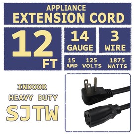 FNXPOW 12 Ft Heavy Duty Appliance Extension Cord - 14 Gauge 3 Prong SPT-3 Cable Wire, Ideal for Air Conditioners, Refrigerators, and Major Appliances - Indoor Use, Black