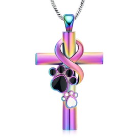 QGJNSGC Paw Print Cross Cremation Jewellery for Pet Infinity Cross Urn Necklace for Ashes Keepsake Loved One Memorial Jewellery for Dog/Cat Ashes (Rainbow)