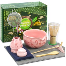 Matcha Whisk Set Pink,Cute Ceramic Matcha Kit Includes Matcha Bowl,Bamboo Whisk and Holder, Scoop Rest,Sifter and Tea Towel,Mini Matcha Can,Gifts and Ceremony Set for Macha Lovers.(Pink)