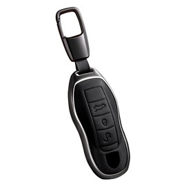 Leather Key Fob Cover Compatible with Boxster Cayenne Panamera Cayman Macan Carrera 911 991 Metal Key Protector-B Style (B-Black)