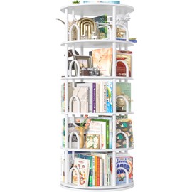Aheaplus 5 Tier Rotating Bookshelf Tower, 360 Display Spinning Bookcase, Revolving Round Book Shelf Narrow Swivel Bookshelf, Vertical Turning Spiral Corner Book Organizer for Small Space, White