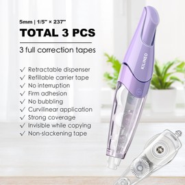 KILINEO Refillable Retractable White Correction Tape, Japanese Aesthetic Cute Pen Shaped White Smooth Pull Out Correction Tape for Office Supplies, 3 PCS (ZH-99)