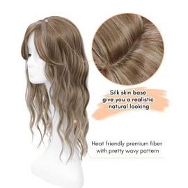 Fine Plus Hair Topper for Women, 16 x 16 cm, Large Base Topper, Synthetic Wig Topper for Hair Loss, Thin Toppers, 50.8 cm, Long Wavy Hairpieces for Women (Light Brown with Highlights)