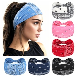 YARIEW Boho Wide Bandana Headbands - Stretch Knotted Elastic Head Wraps for Women, Yoga, Workout, and Hair Accessories (6 Pack)