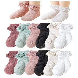 QandSweet Newborn Girls' Frilly Socks with Non-skid Rubber Soles Baby Sock (Non-Slip 12Pairs,6-12 Months)