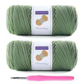 NDICANG 2 Pack T Shirt Yarn for Crocheting with 1 Crochet Hook, Elastic Tshirt Yarn for Crochet Bag/Baskets/Home Decor, Spaghetti Yarn Thick Knitting Yarn Total Length 130 Yds, Weight 14 Oz (Avocado Green)