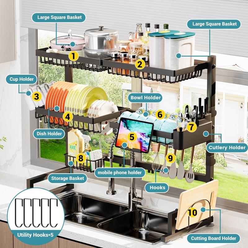 ADBIU Over The Sink Dish Drying Rack (Expandable Height and