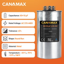 Canamax 60+10 uf 370-440 VAC ±5% Dual Round Run Start Capacitor - Replacement for AC Motor Run or Fan Start or Condenser Straight