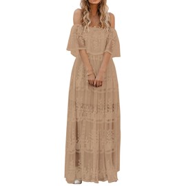 Womens Off Shoulder Embroidered Lace Maxi Dress Boho Flowy Wedding Guest Party Maternity Photoshoot Dresses Apricot