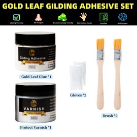 Gold Leaf Glue 100 ml Set, with Water-Based Gold Leaf Glue and Protective Varnish, 2 Brushes, 2 Disposable Gloves, for Metal Foil Sheets, Painting, Gilding, Crafts, Home Decoration