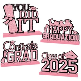 4Pcs Pink Graduation Decorations Class of 2025 Congrats Grad Wooden Table Centerpieces Grad Table Toppers Congratulate Tiered Tray Decor You Did It Graduation Party Decorations 2025 (Pink)
