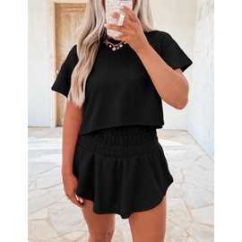 Ecosunny Women's Summer 2 Piece Sets Sweatsuits Casual Cropped Tee and Skort Set Matching Sets Trendy Lounge Outfits, Black, Medium