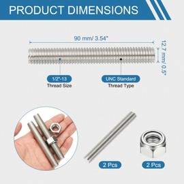 PATIKIL 1/2"-13 UNC Fully Threaded Rod, 3.54" Length 304 Stainless Steel Right Hand Long Thread Bar Studs with Nuts for Pipes Clamps Hangers U-Bolts 2Pcs