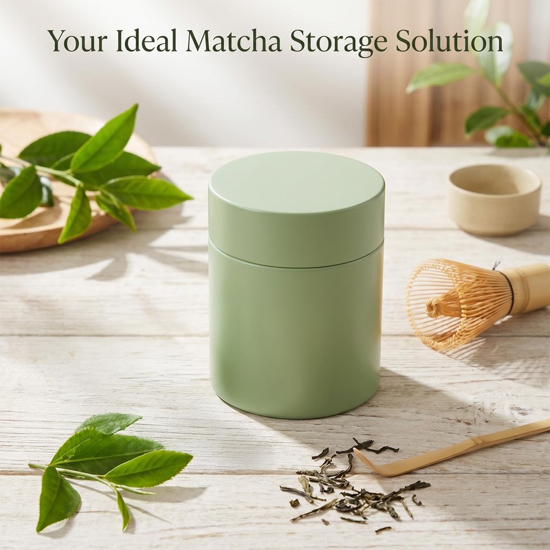 9oz Green Matcha Container with Lid Simple Matcha Tin Metal